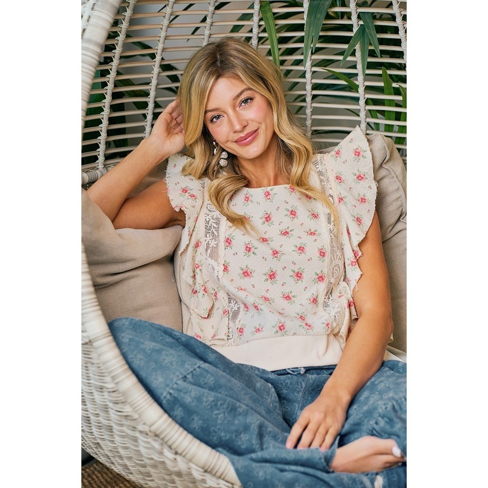 BiBi Flower Printed Ruffle Sleeve Trim Detail Top - Red Flower - Large - Picture 11 of 16